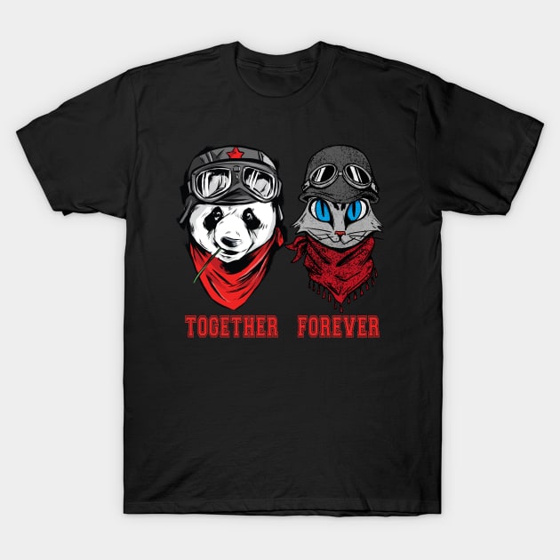 Cute Panda and cat couple in helmet and goggles T-Shirt by AJ techDesigns